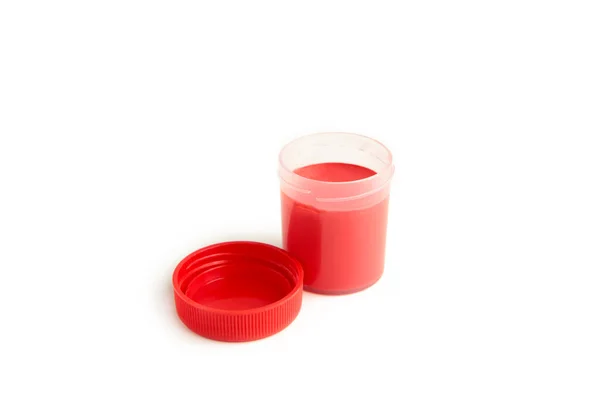 Rode Gouache Potten Primaire Kleur Acrylverf Witte Achtergrond — Stockfoto