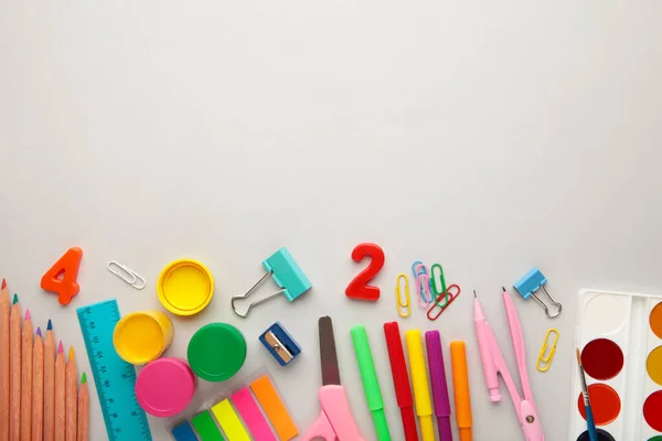 School Supplies Grey Background Copy Space Top View — Stock Photo, Image