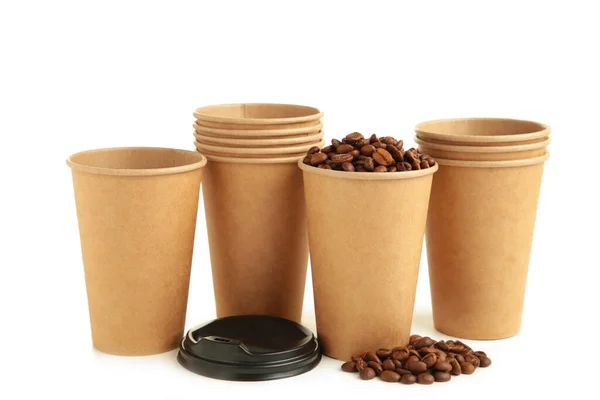 Coffee Beans Paper Coffee Cups Isolated White Background Top View — Stock Photo, Image