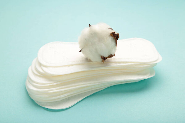 Sanitary pads with cotton on mint background. Top view