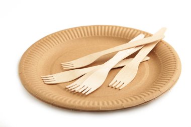 Beyaz arka planda ayrık çatallı çevre dostu bir plaka. Tek kullanımlık sofra takımı. Üst görünüm