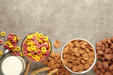 Kâselerde çeşitli mısır gevrekleri, hızlı kahvaltı ve gri arka planda süt. Üst görünüm