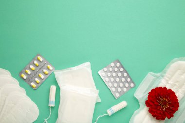 Regl pedlerinin, tamponların ve ağrı kesicilerin üst görüntüsü. Arka planda kırmızı çiçek var. Üst görünüm