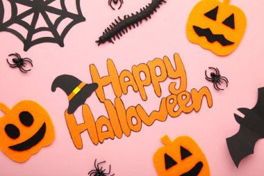 Pembe arka planda örümcekler ve balkabaklarıyla Cadılar Bayramı kompozisyonu. Üst Manzara. Dikey fotoğraf.