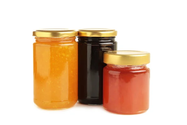 Assortiment Van Jam Seizoensgebonden Verse Bessen Fruit Geïsoleerd Witte Achtergrond — Stockfoto