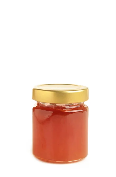 Pfirsich Marmeladenglas Isoliert Auf Weißem Hintergrund Ansicht Von Oben — Stockfoto