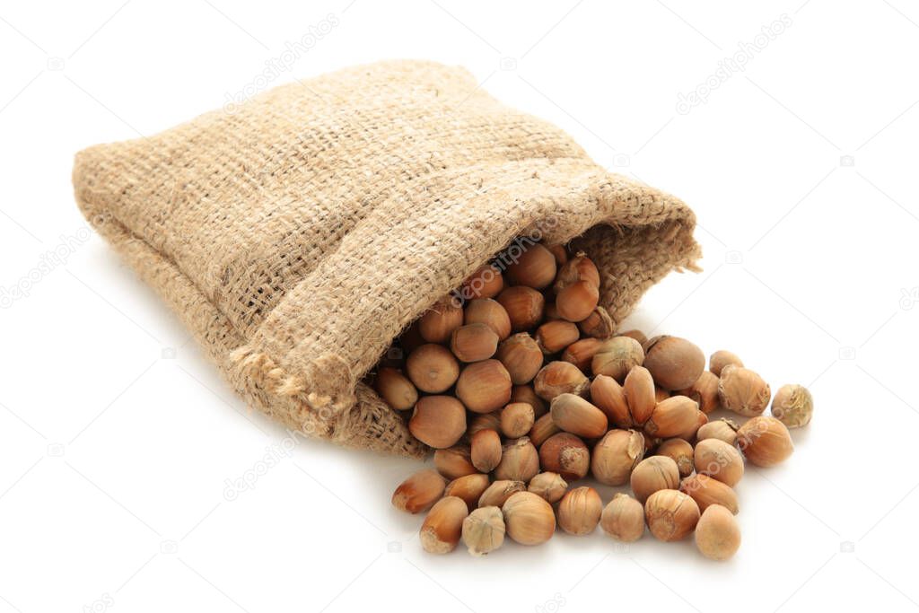 Hazelnuts, filbert in burlap sack isolated on white backdrop. Healty food. Top view