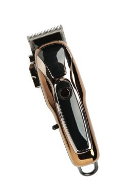 Saç kesimi ve modelliği için biçici bir jilet beyaz arka planda izole bir şekilde bulunur. Berber dükkanı için elektrikli tıraş makinesi. Sakal ya da saç traşı için suç ortağı.