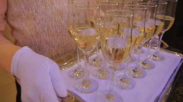 Ober houden een dienblad met glazen van champagne — Stockvideo