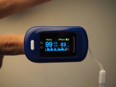 Kan oksijeni doygunluğunu ve kalp atışlarını ölçmek için kullanılan parmak ucu nabız oksimetresinin resmi.