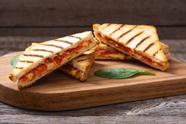 Peynirli ızgara sandviç. Köy arka planında taze ev yapımı kahvaltı.