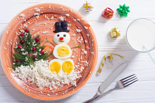 Funny Breakfast Kids Snowman Christmas Tree Xmas Concept — Stock Photo, Image