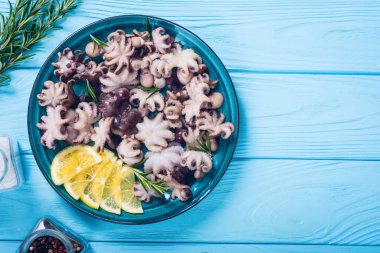 Yavru ahtapot. Kırsal arka planda taze deniz ürünleri