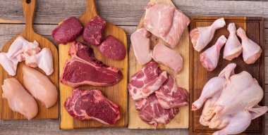 Çiğ et çeşitleri. Tavuk, biftek ve domuz eti. Aşçılık arkaplanı