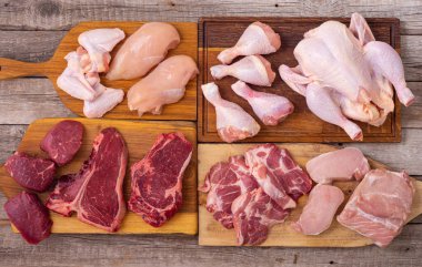 Çiğ et çeşitleri. Tavuk, biftek ve domuz eti. Aşçılık arkaplanı