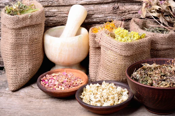 Medicina natural Hierbas sobre fondo de madera — Foto de Stock