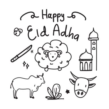Kurban Bayramı karalamaları, el çizimi eskiz, elementler, İslami dool, Kurban Bayramı için uygun, Çizgi Simgesi Skeç, El yapımı Vektör Sanatı, Kutsal Müslüman festivali, Doodle Style İllüstrasyonu