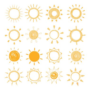Şirin güneş karalama vektör simgesi. El çizimi set