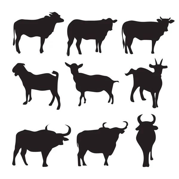 Silhouettes Cows Goats Bulls Animal Farmer — Stock Vector