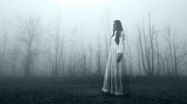 Mujer horrorosa en el bosque de niebla — Foto de Stock