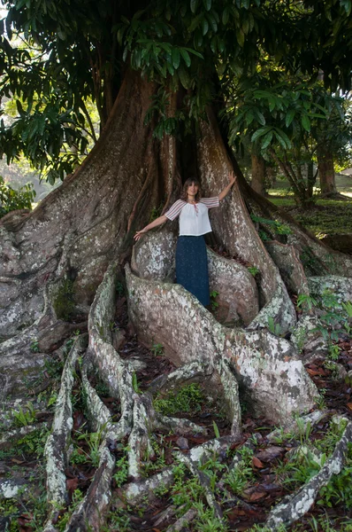 Mujer cerca de gran árbol tropical — Foto de Stock