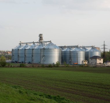 Önünde yeşil yay alanı olan tahıl asansörleri. Kompozisyon bir kareye yazılmıştır.