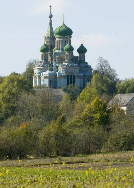 Bila Krynytsia Katedra Wniebowzięcia Jasna Łąka Pierwszym Planie — Zdjęcie stockowe