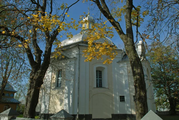 Candelária Candlemass Sretenskaya Igreja Olyka Folhas Amarelas Primeiro Plano Céu — Fotografia de Stock