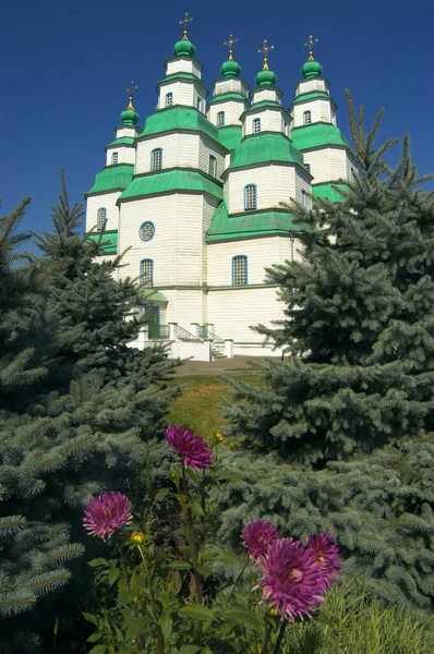 Wooden Trinity Cathedral Novomoskovsk Blue Sky Background — Stock Photo, Image