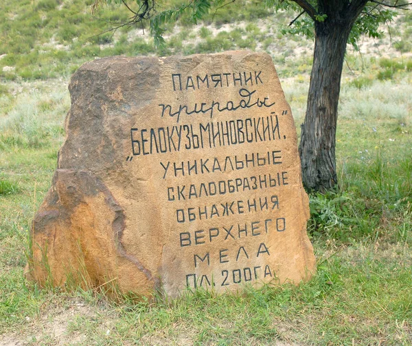 Belokuzminovkaのチョーク岩の近くに記憶に残る兆候 天然記念物 Belokuzminosk 200ヘクタールの上部白亜紀の地域のユニークな仙草の露頭 — ストック写真