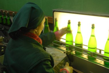 Bakhmut, Donetsk Oblastı / Ukrayna - 12.19.2007. Şampanya yapıyorum. Şişe kontrolü. Manufactory 'da çalışan kadın (dükkan)). 