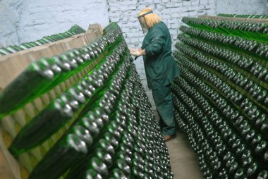 Bakhmut, Donetsk Oblast/Ukraine - 12.19.2007. Making champagne. Millions of wine bottles ripen. Woman at workplace in protective mask. clipart