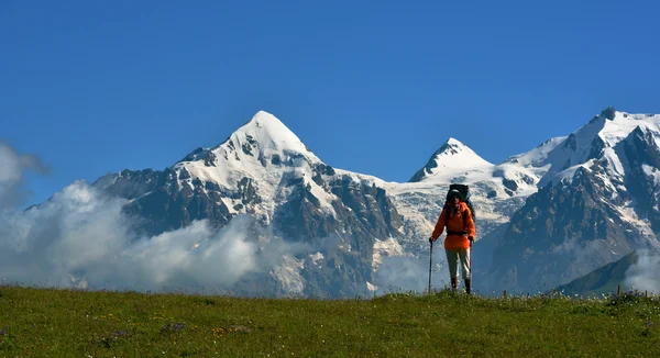 在积雪的山顶背景下的旅游 — 图库照片