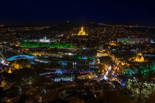 Tbilisi e Catedral da Santíssima Trindade à noite Fotos De Bancos De Imagens