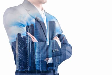 Takım elbiseli bir iş adamı ve Asya 'nın modern şehir binası. Bangkok Tayland' da finans bölgesi ve ticari amaçlı.