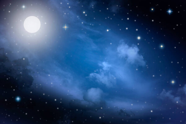 Starry night sky with stars and moon in cloudscape background