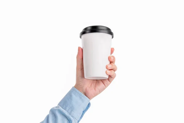 Männliche Hand Hält Eine Weiße Kaffeetasse Isoliert Auf Weißem Hintergrund — Stockfoto