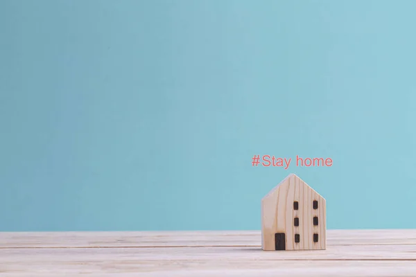 Covid Coronavirus Stay Home Concept Mini Wooden Home Text Hashtag — Stock Photo, Image