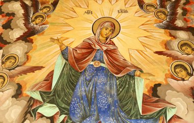 Rila Monastery, Bulgaria  March 05, 2019:Portrait of Virgin Mary  on Ancient Wall Fresco in  Rila Monastery Church. clipart