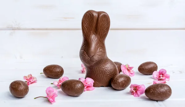 Chocolate Easter Bunny,Chocolate Eggs and Pink Flowers on a White Wooden Background .Easter Greeting Card