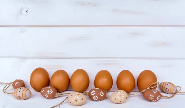 Real Eggs Easter Eggs White Wooden Background — стоковое фото