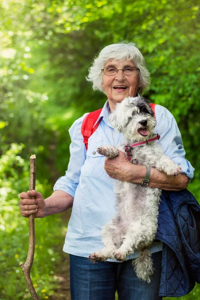 Happy Smiling Senior Woman Abrazando Perro Havanese Aire Libre Montaña — Foto de Stock