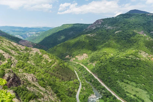 Aerial View of Train Railway in the Summer Mountain . Bov Village ,Iskar Gorge ,Bulgaria