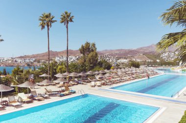 BODRUM, TURKEY-HAZİRAN 30, 2018 Palmiyeler ve Güneşli Havuz Bölgesi. Türkiye 'de Seyahat ve Yaz Tatili Kavramı 