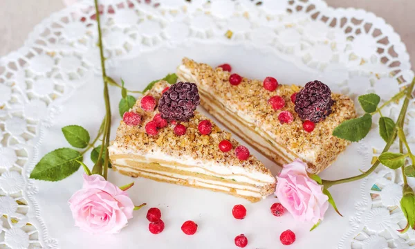赤クランベリーとピンクローズとフランスの素朴なバニラケーキ — ストック写真