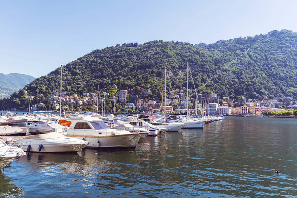 COMO,ITALY-JUNE 25,2018 - Lago di Como in Italy. Boats in Como Lake 