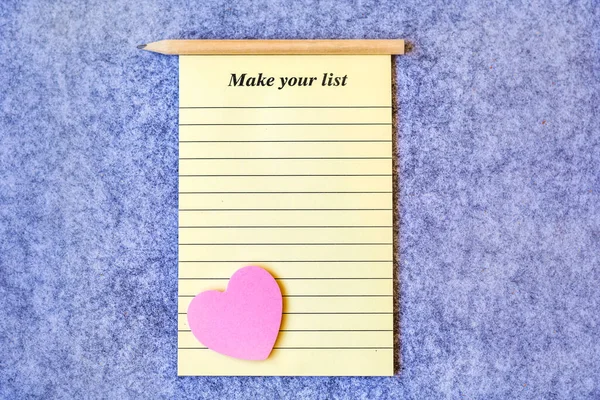 Yellow Notebook Empty List Pencil Pink Heart Sticky Notes — Stock Photo, Image