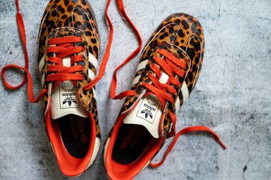 MILAN, ITALY - 05 Ekim 2025: Adidas Orijinal Samba OG Leopar kahverengi spor ayakkabıları 