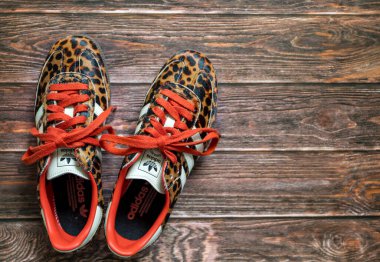 MILAN, ITALY - 05 Ekim 2025: Adidas Orijinal Samba OG Leopar kahverengi spor ayakkabıları 