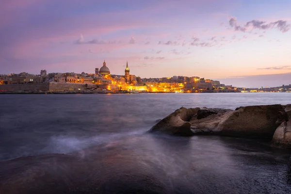 Malta Beira Mar Valletta Pôr Sol Com Basílica Nossa Senhora — Fotografia de Stock